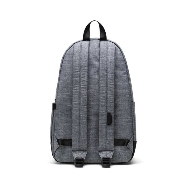 Back of heather grey backpack with 2 adjustable padded shoulder straps, with loop on top.